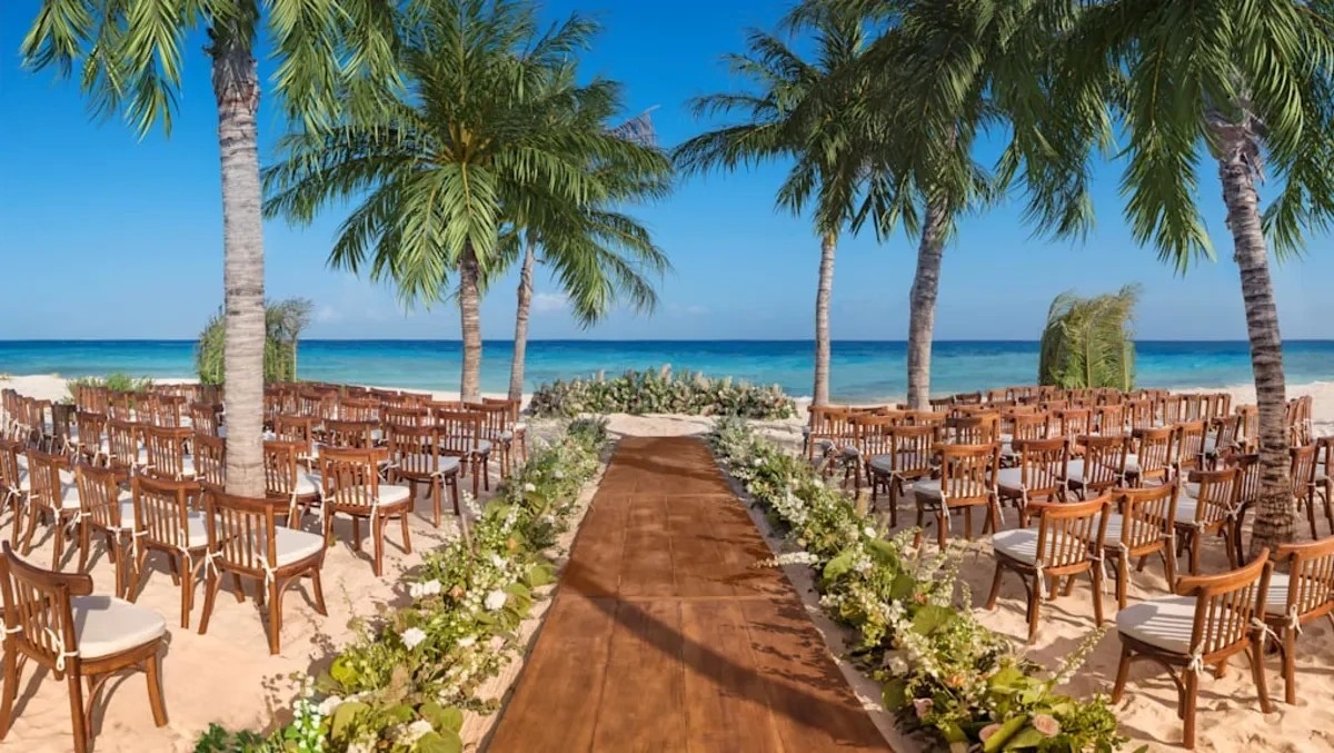 A beach wedding ceremony setup with wooden chairs and a flower-lined aisle beneath palm trees