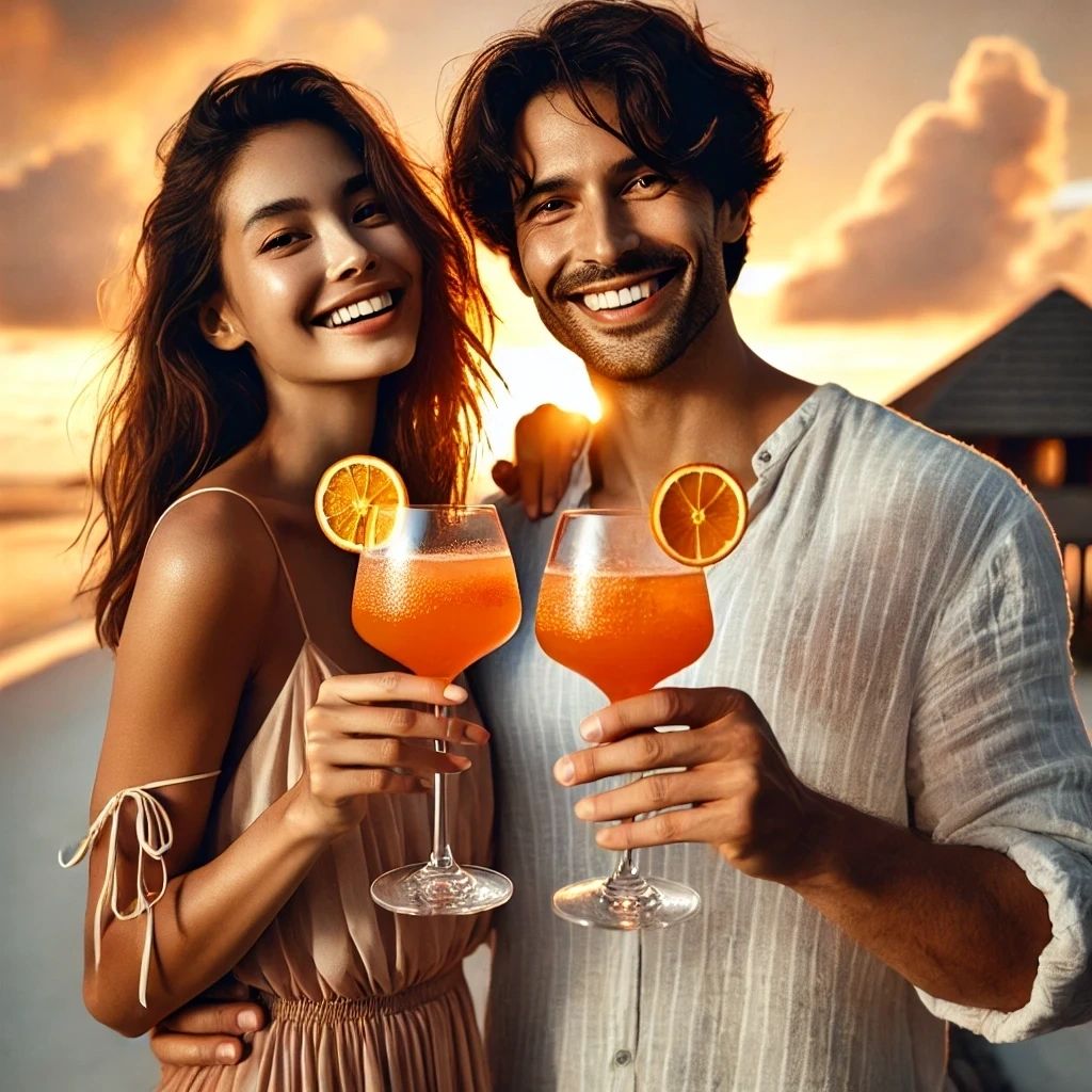 Illustrated couple holding tropical cocktails