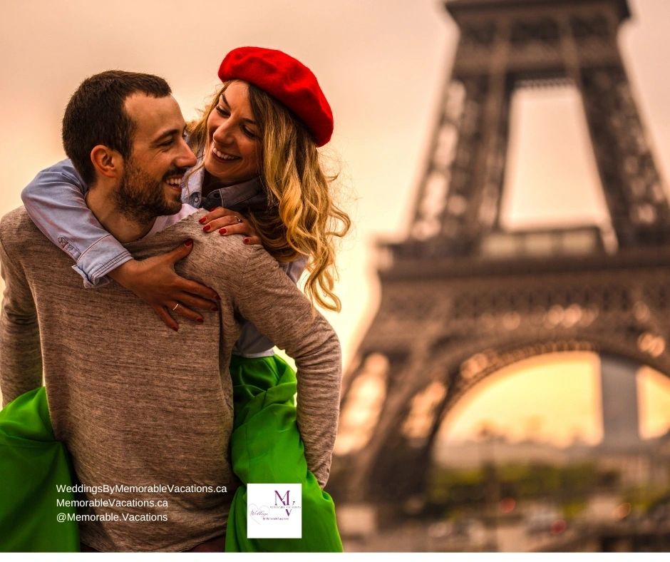 Couple at the Eiffel tower in Paris, France