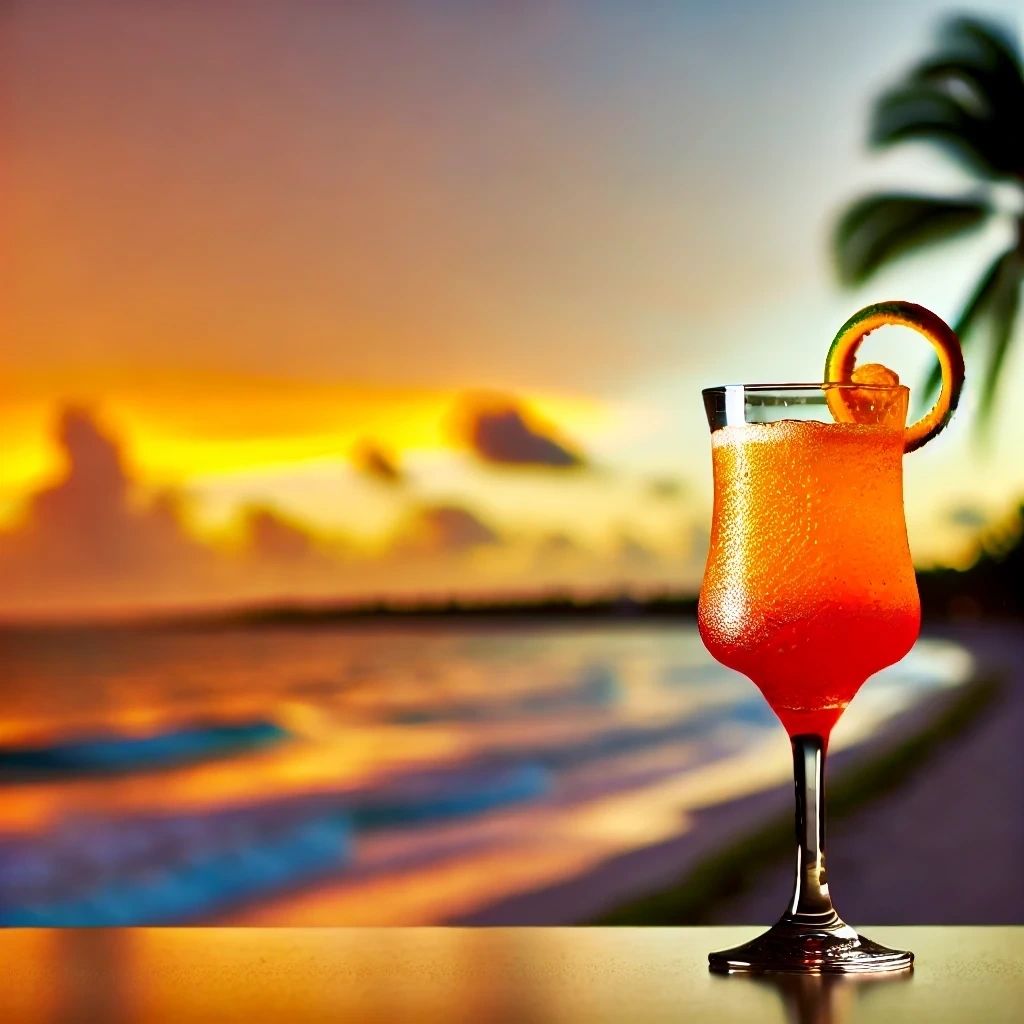 Illustrated tropical cocktail beside the ocean at sunset
