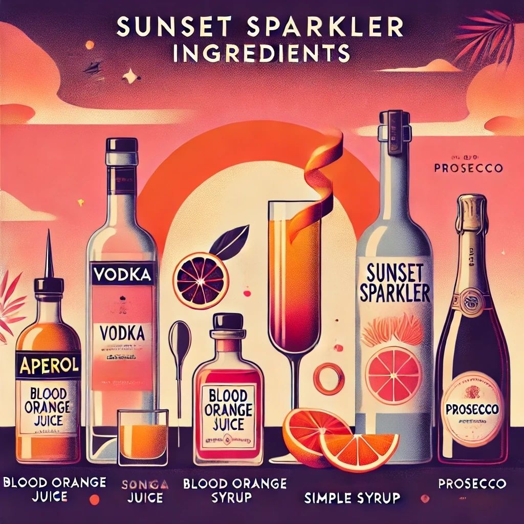 Illustrated Sunset Sparkle cocktail ingredients