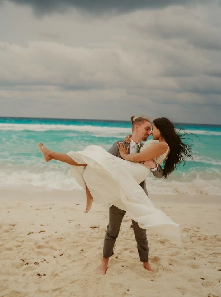 bride and groom on beach in Cancun, Mexico