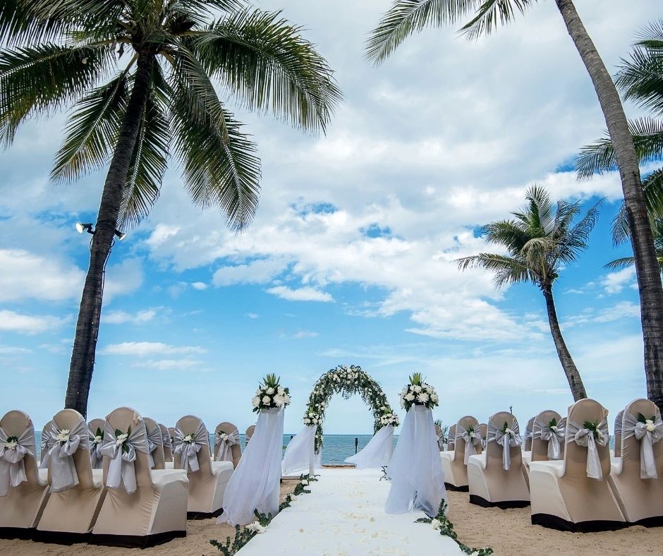 Beach wedding aisle and white chairs beneath palm trees